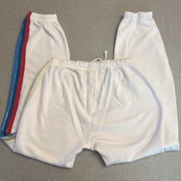 Aviator Nation White Sweatpants Rainbow Logo Stripe Detail Joggers Womens Size L - Picture 6 of 9